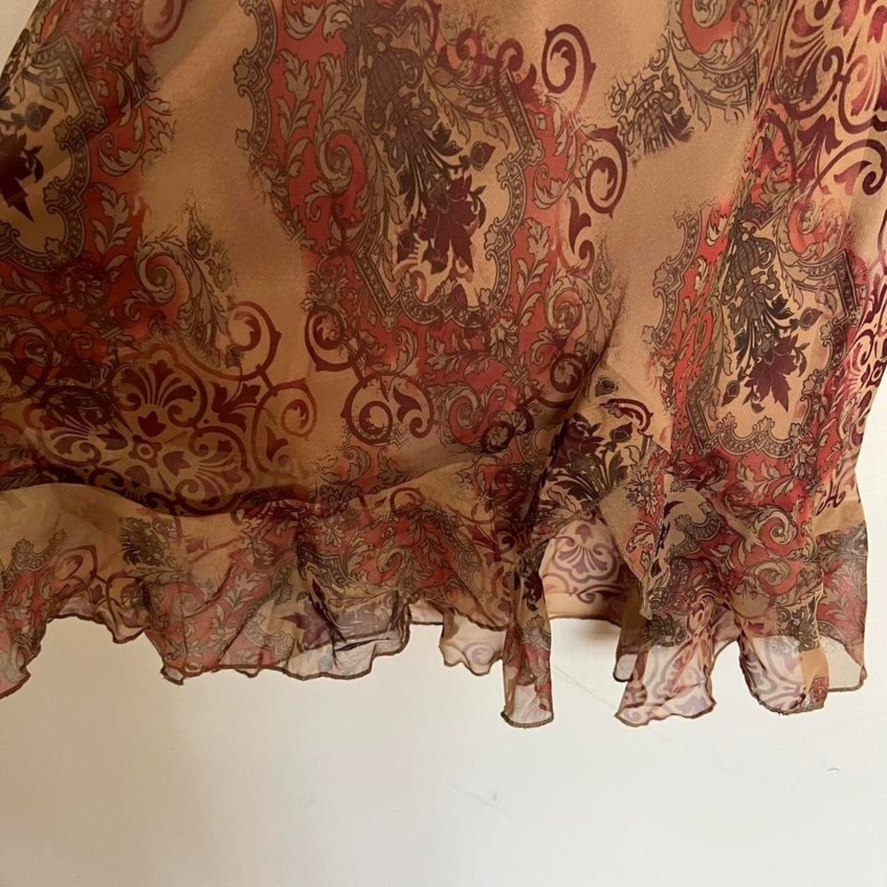 Vintage Y2K 90s Orange Brown Paisley Midi Dress with Sheer Ruffle Hem M Fairy - Picture 7 of 8